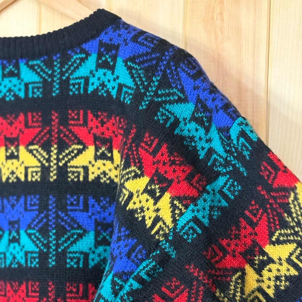 Vintage Cambridge Dry Goods Shetland Wool Black Rainbow Star Snowflake Sweater M - Picture 10 of 16